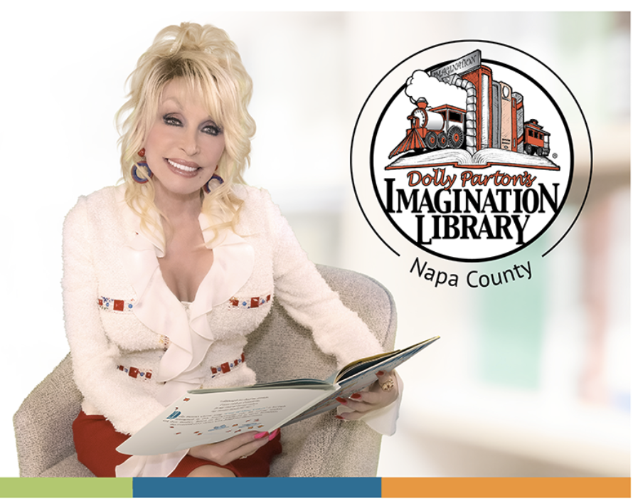 Dolly Parton with the Imagination Library logo